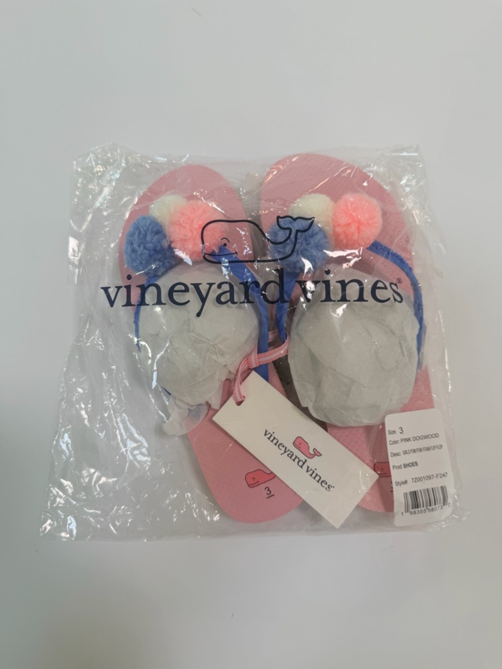 Vineyard Vines Pink Flip Flops with Multicolor Pom Poms
